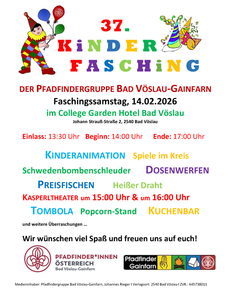 Werbeplakat für den 37. Kinderfasching der Pfadfinder Gainfarn am 14.2.2026 im College Garden Hotel ab 13:30